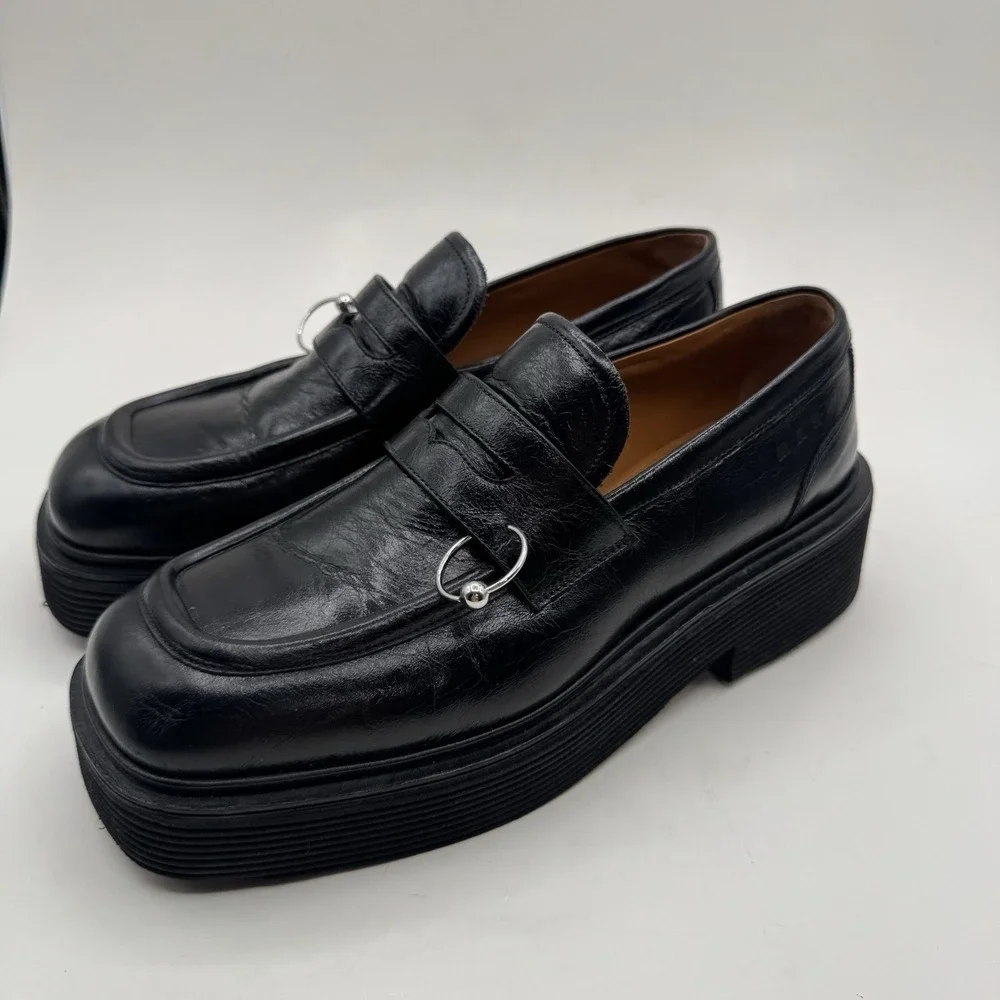 Marni O-Ring Penny Loafers Platform Black Shiny Leather Mens Sz US 9.5 Italy